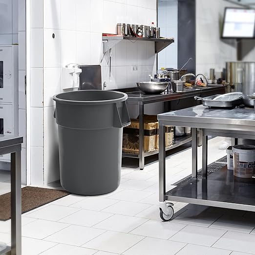 PRO&Family Commercial Round Trash Can, Ingredient Bin, Heavy-Duty Plastic, Anti-Static, Kitchen, Office, Outdoor Use (Gray, 55 Gallon)