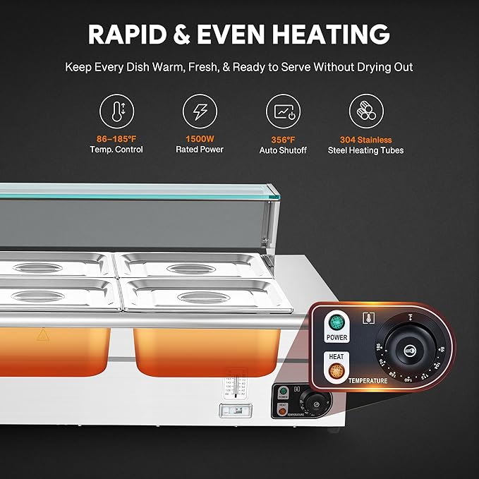 WILPREP 6-Pan Commercial Food Warmer with Sneeze Guard, Six 1/2 Pans, 1500W Countertop Electric Warmer, 86-185°F Adjustable Temp Control, Stainless Steel Buffet Bain Marie