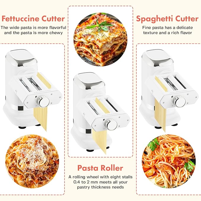 GVODE Electric Pasta Maker - 3-in-1 Pasta Sheet Roller & Cutter Set 700W Max Motor, includes Fettuccine & Spaghetti Maker with Cleaning Brush, White