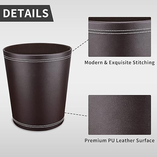 GORESE Pu Leather Trash Can for Bedroom, 2.6 Gallon Wastebasket for Office, Small Bathroom Garbage Cans for Home Decorative, Round Waste Basket Bin for Dorm Kitchen Brown