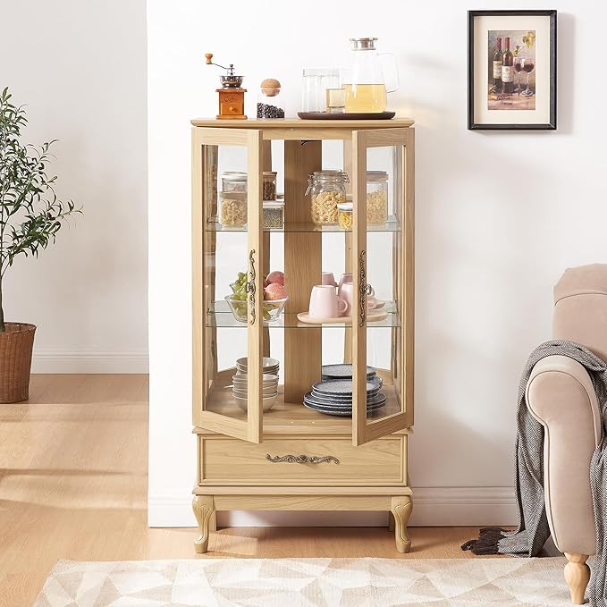 51" H Lighted Curio Cabinet Display Case, Glass Curio Cabinet with Adjustable Shelves,Tempered Glass Door and Drawer, Wooden Cabinets w/Mirrored Back Pane for Living Room (Light Oak)