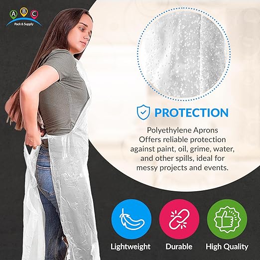 ABC PACK & SUPPLY White Plastic Disposable Aprons Adults for Painting, 28 x 46 Inches. Pack of 100 Disposable Plastic Aprons, 1 Mil. Unisex Waterproof Polyethylene Painting Apron for Food Industry