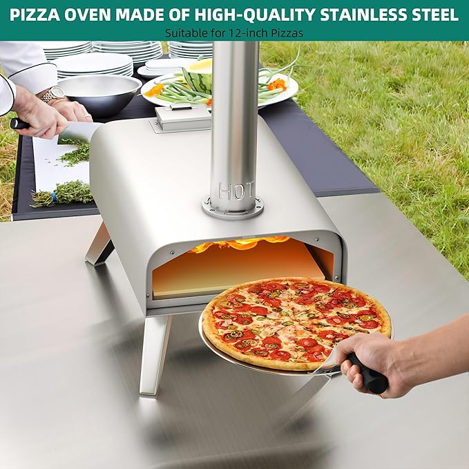 YITAHOME 12" Outdoor Pizza Oven, Wood Fired Pizza Ovens with Pizza Peel & Pizza Cutter, Portable Pizza Maker Christmas Gifts for Outside Backyard Party Usage Stainless Steel Silver