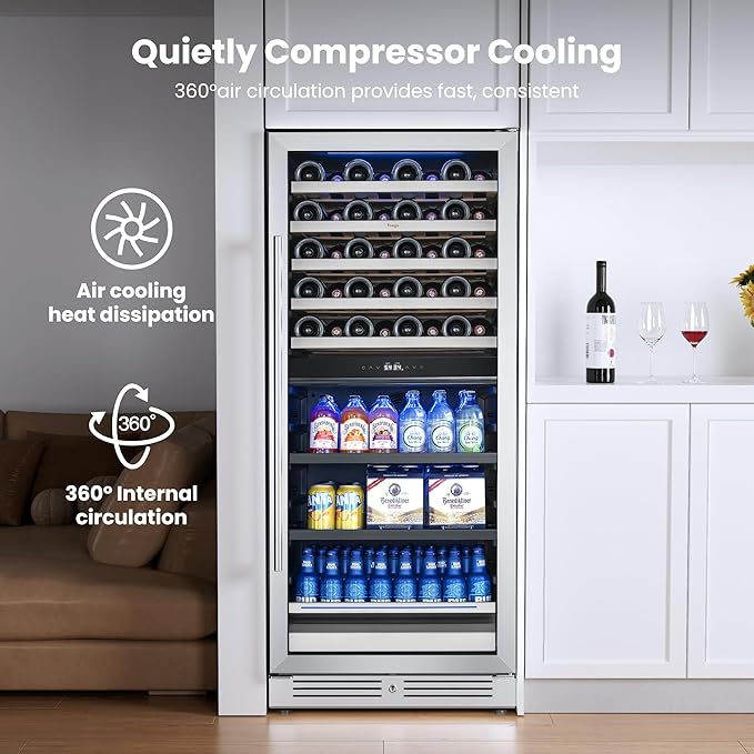 Yeego 24 Inch Wine Fridge – 34°F-65°F Wine and Beverage Cooler, 304 Stainless Steel Glass Door Lock, Temp Memory Blue & White LED Built-in Fridge with Adjustable Shelves (112 Can+40 Bottle)