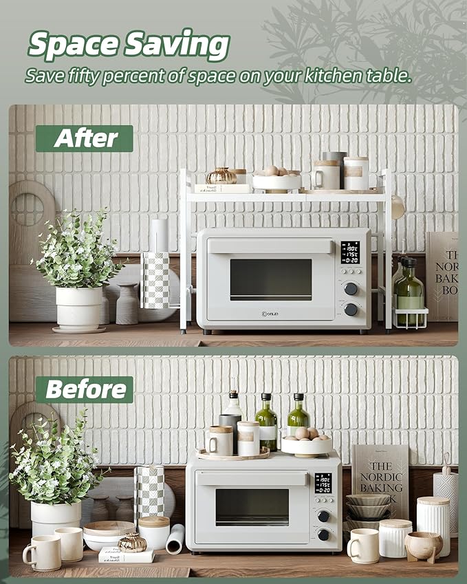 NETEL Expandable Microwave Stand,2 Tier Metal Kitchen Countertop Organizer Shelves with Paper Towel Holder and Baskets,Bakers Rack,Microwave Shelf,Microwave Oven Rack,55lbs Weight Capacity,White