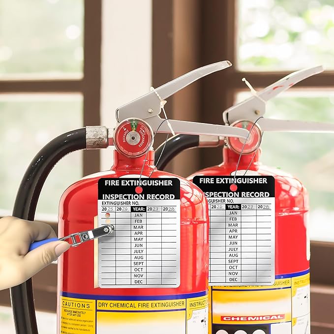 25 Pcs Waterproof Fire Extinguisher Inspection Tags 2.3 x 3 Inch Metal Aluminum with Wires and Handheld Hole Puncher Durable Metal Fire Tags for Monthly Fire Safety Check Indoor Outdoor Writeable (25)