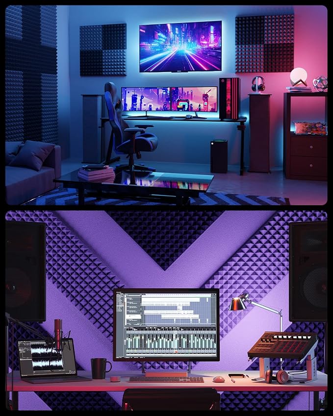 Sonicism Sound Proof Foam Panels for walls Self-Adhesive 18 Pack Pyramid 12" X 12" X 2" Acoustic Panels 35kg/m³High Density,Soundproof Wall Panels Fast Expand,Sound Absorption and Decoration,Black