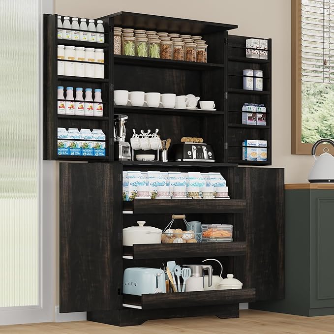 72" Kitchen Pantry Storage Cabinet, Farmhouse Pantry Cabinet with 8 Hanging Rack Shelves & 3 Pull-Out Racks, Pantry Storage Cabinet, Freestanding Cupboard for Kitchen, Dining Room, Oak