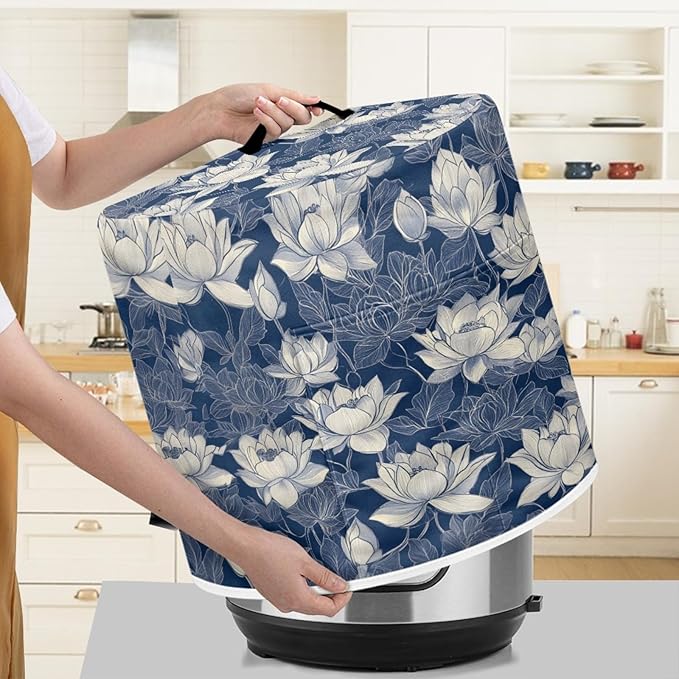 Insulated Pressure Cooker Appliance Cover, Also Fit for Rice Cooker, Air Fryer and Crock Pot, 8 Qt Dust Cover with Pocket for Spoon/Cooking Utensils/Recipes, Machine Washable, Blue Lotus