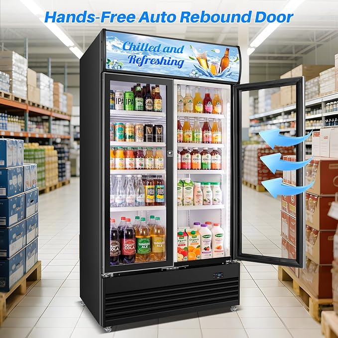 Commercial Display Beverage Fridge, 40″ Double Glass Door Refrigerator, 28.1 Cu.Ft Large Capacity with 8 Adjustable Shelves, Upright Cooler for Shop, Bar & Restaurant