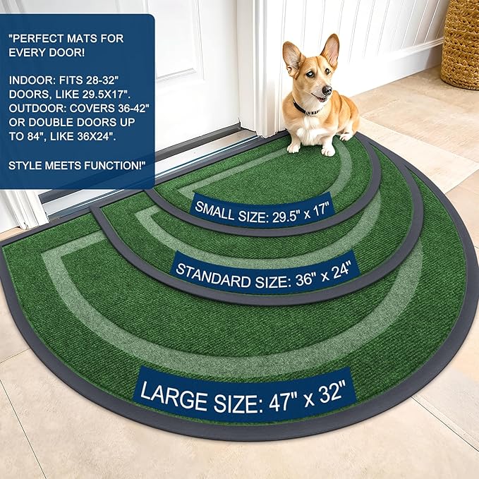 OLANLY Half Circle Door Mat Indoor Outdoor Entrance Welcome, Waterproof All-Season, All-Weather Doormat, Sturdy Natural Rubber, Low Profile, Easy Clean Patio Porch Entryway Mat, 47x32, Green