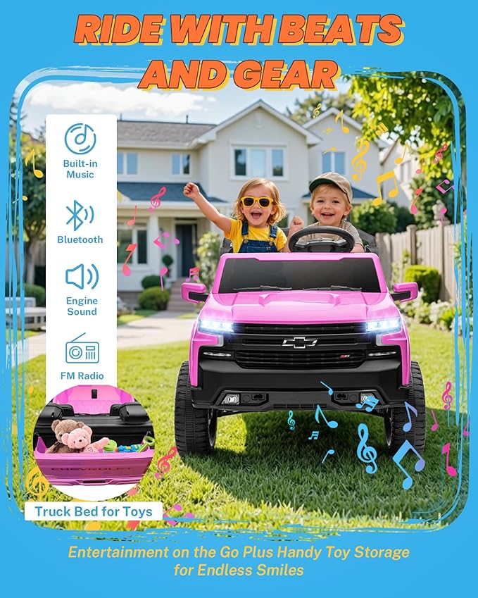 ENYOPRO 24V 2 Seater Electric Car for Kids, Licensed Chevrolet Silverado LT Trail Boss Kids Ride on Car w/Remote Control, LED Lights, Bluetooth, 90W Motor, All-Terrain Wheels, Truck Bed Storage, Pink