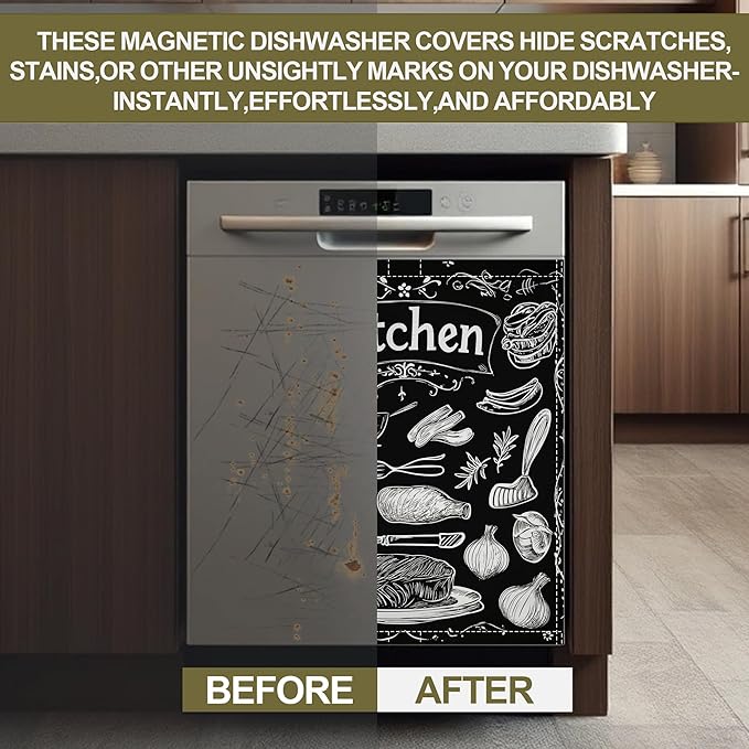 Funny Kitchen Dishwasher Magnet Cover,Black Kitchen Decor Waterproof Refrigerator Magnet Appliance Cover Protector,23Wx26H Inches