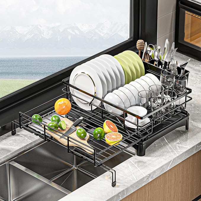 MIKEE Large Dish Drying Rack for Kitchen Counter, Expandable Rustproof Dish Drainer - Over The Sink Dish Drying Rack with 360° Rotating Drain, Kitchen Utensil Holder, Home and Kitchen Organization