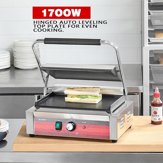 EGGKITPO Commercial Electric Panini Grill with Flat Plates Stainless Steel Sandwich Maker 14"× 9.5" Cast Iron Enamel Plate Countertop Panini Press with Temperature Control for Business 110V 1700W