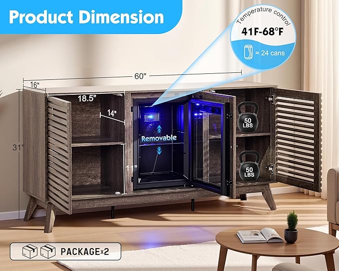 60" Farmhouse Coffee Bar Cabinet with Beverage Fridge (Included), Wine Bar Cabinet with Drawer Storage, Mini Fridge Cabinet, Sideboard Cabinet for Dining Room, Living Room-Brown
