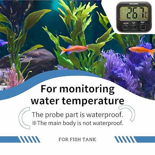 Digital Thermometer with External Sensor, Magnet, Suction Cup, Water Thermometer, Aquarium, Refrigerator, Freezer (Black)