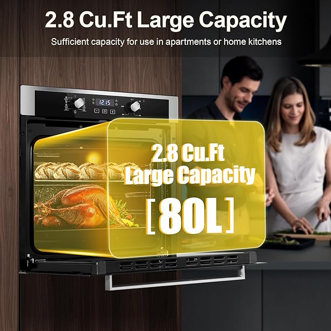 Wall Ovens 24 Inch Electric 3220W,2.8 Cu.Ft Single Wall Oven with 3-Key Digital Control,for Precise Baking,360° Rotisserie, 9 Functions & Easy-Clean Enamel Cavity for restaurant, and home
