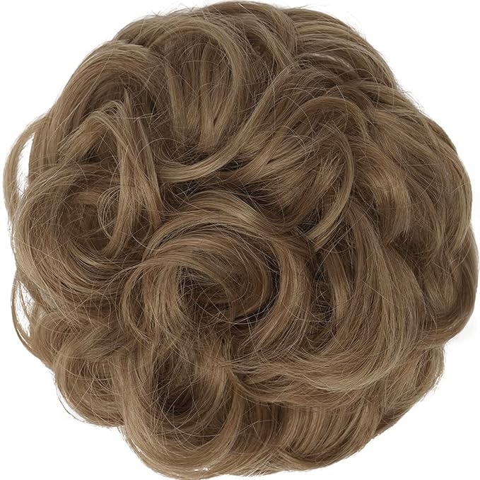 FESHFEN Large Messy Bun Hair Piece - Wavy Synthetic Chignon Scrunchies Elastic Ponytail Hair Extensions Thick Hairpieces for Women, Light Brown mix Natural Blonde 1.94oz