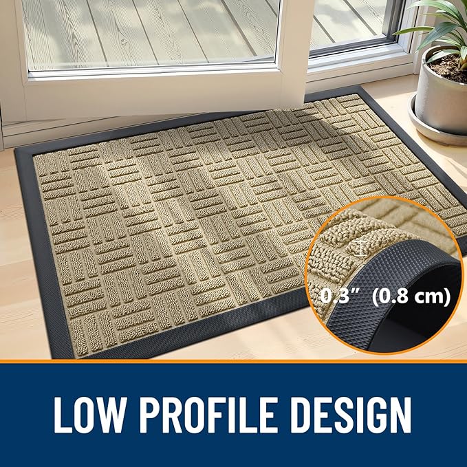 OLANLY Front Door Mat Outside Entrance 47x17, Absorbent, Heavy Duty Sturdy Natural Rubber Doormat Indoor Outdoor, Stain and Fade Resistant, Non-Slip Backing Low Profile Floor Mat for Entryway, Beige