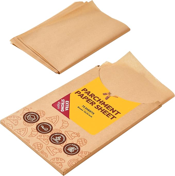 Katbite 75Pcs Unbleached Parchment Paper Sheets 12x16IN, Pre-Cut Heavy Duty Parchment Baking Paper, Non-Stick Half Sheet Brown Baking Parchment Paper for Air Fryer, Baking Cookie [Advanced Series]