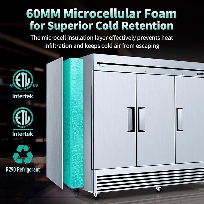 COOLCHEF 81"Commercial Freezer, 72 Cu.Ft Triple-Door Stainless Steel Reach-In Freezer, -8~0℉, Air Cooling, 9 Shelves, R290