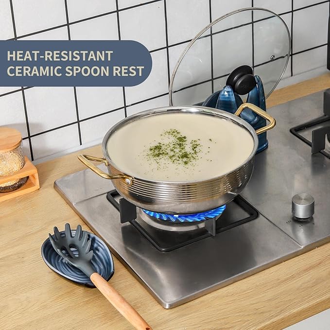 Hasense Spoon Rest for Stove Top and Kitchen Countertop, Large Heat-resistant Spoon Holder for Spatula Ladles Tongs, Farmhouse Cooking Spoon Holder for Home Kitchen Decor, Grey and Blue, 1 PC