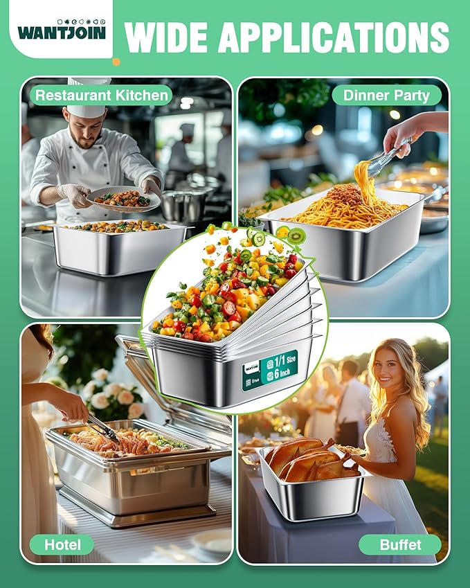 WantJoin Steam Table Hotel Pans 1/1 Full Size 6 Inch Deep 0.9mm Thick 6 Pack, Stainless Steel Metal Tray Sets Food Storage Container for Restaurant Chafing Dishes Commercial Catering Supplies