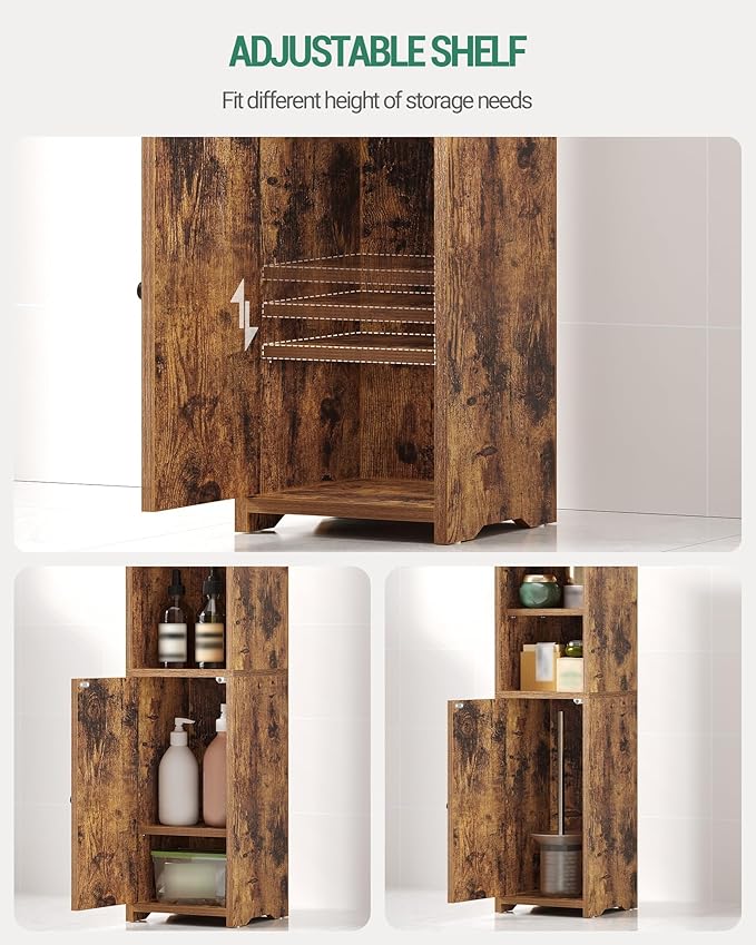 Bathroom Storage Cabinet, Small Corner Floor Cabinet with 2 Doors and Adjustable Shelf, Narrow Toilet Paper Cabinets, Bathroom Organizer for Small Spaces, 7.9"D x 9.8"W x 29.5"H Rustic Brown