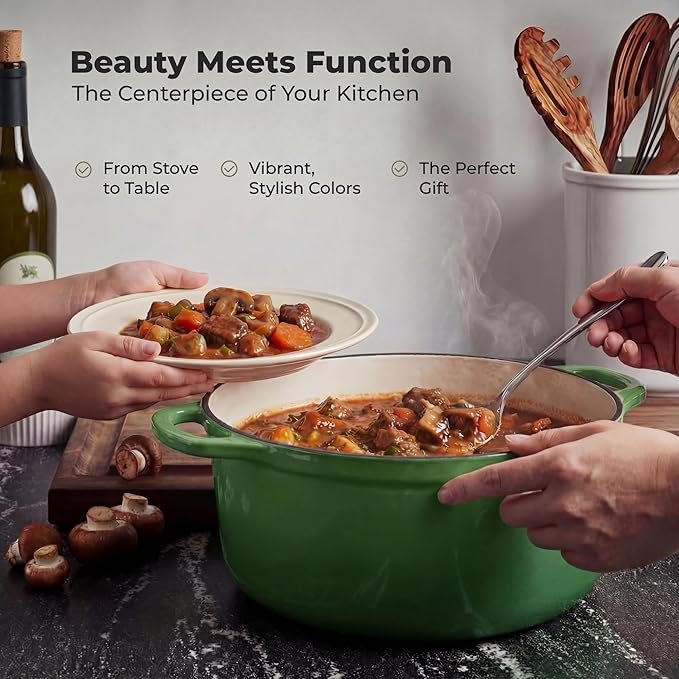 Zulay Kitchen 6 Quart Enameled Cast Iron Dutch Oven Pot with Lid – Premium Durability & Oven Safe up to 500°F – Heavy Duty Cookware Perfect for Bread Baking, Stews, Braising & Roasting – Green