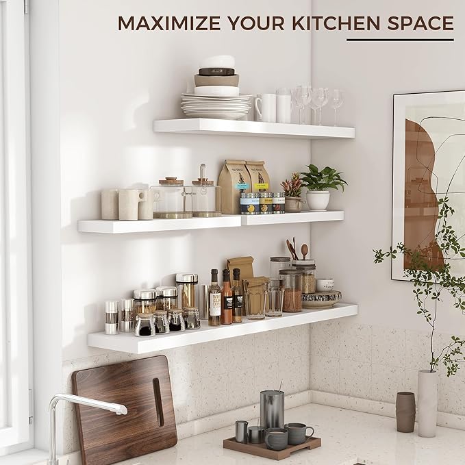Floating Shelves for Wall 36"W x 7.8"D x 1.5"H, Engineered Wood Wall Shelves with Invisible Brackets for Living Room Bedroom Bathroom Office Kitchen Decor and Storage, White Finish, Set of 2