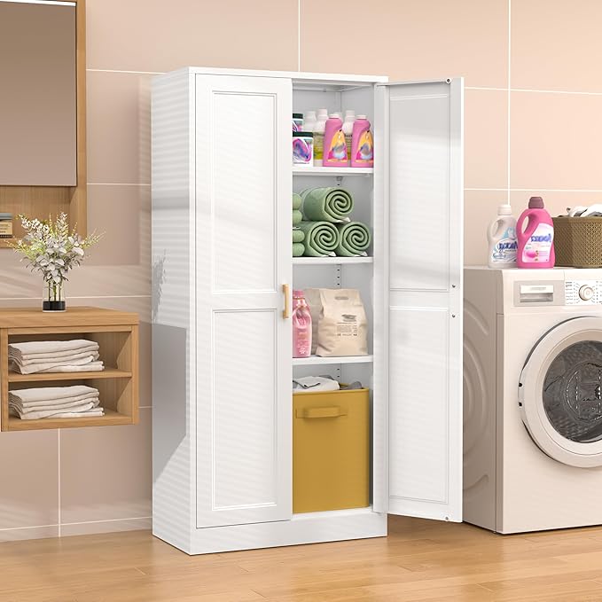 60" Kitchen Pantry Storage Cabinet,White Tall Storage Cabinet With Doors and Shelves,Metal Food Pantry Cabinets for kitchen storage,Freestanding Cupboard for Dining Living Room,Assemble Required