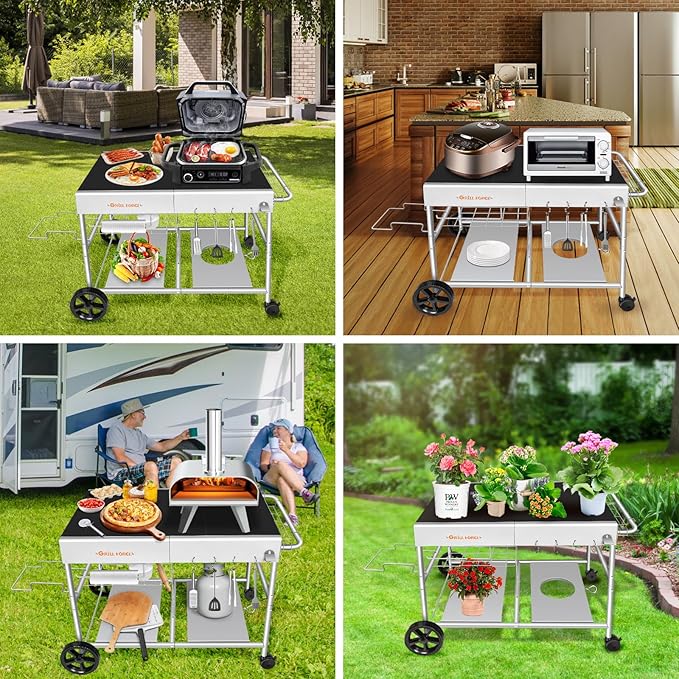 Outdoor Pizza Oven Table for Ninja Woodfire, Blackstone Tabletop Grill, Portable Grill Cart & Food Prep Work Table, Movable Pizza Oven Cart for Backyard BBQ and Patio Parties