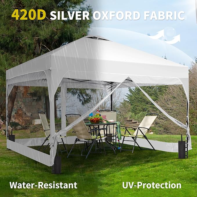 Saemoza 12x12 Pop Up Canopy Tent with One Push Setup, Outdoor Sun Shade Canopy for Backyard Party, Easy Up Instant Shelter with 4 PVC Transparent Sidewalls, 4-Sandbags & Wheel Bag, White.
