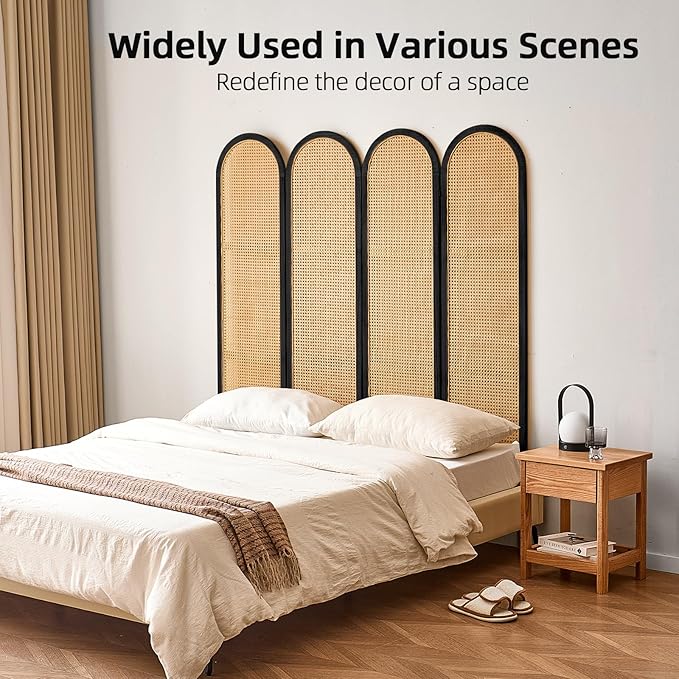 4 Panel Room Divider, Hand-Woven Rattan Room Divider Screen, Folding Privacy Screens with Double Hinges, Wooden Freestanding Wall Divider for Room Separation Bedroom Home Office - Black