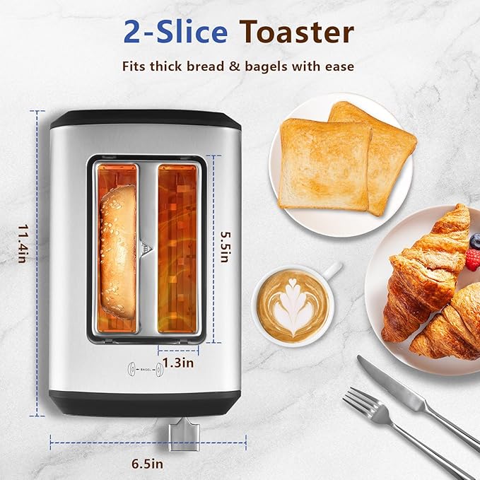 Touch Screen Toaster 2 Slice, Smart Digital Toasters, 6 Browning Levels & 6 Bread Types, Bagel Memory Function, Timer, Stainless Steel, 800W