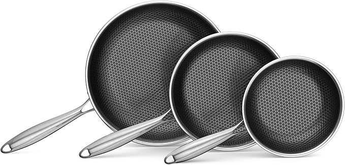 Bielmeier 8, 10, 12 Inch Nonstick Frying Pan，3-Piece Set Stainless Steel Flat Bottom Frying Pan for Gas, Electric & Induction Cooktops, Dishwasher S