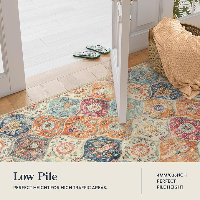 Lahome Moroccan Trellis Washable Rug, 2x3 Kitchen Rugs for Entryway Bathroom, Non-Slip Indoor Door Mat Ultra-Thin, Small Oriental Throw Carpet for Bedroom Entry, Cream/Multi