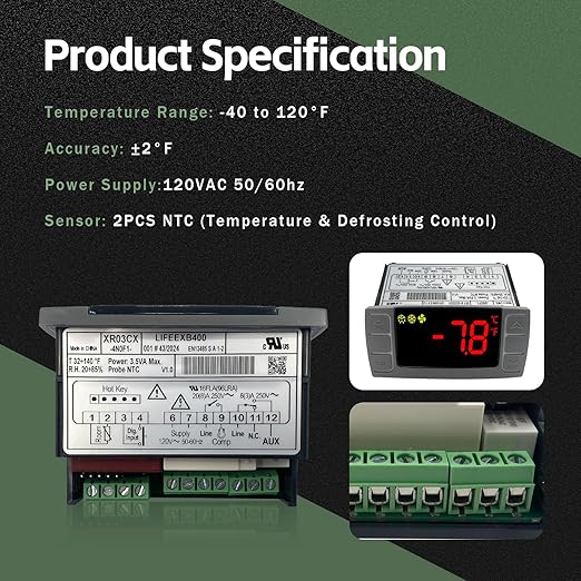 XR03CX-4N0F1 Temperature Controller with Sensor Probe, 120V Thermostat Controller Compatible with Dixell Temperature Controller Fit for Refrigerators/Freezer Replace # XR03CX, W0302186, XR03CX-4N1C0