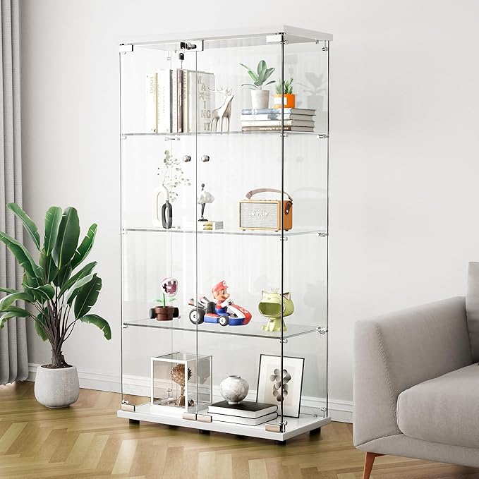Yoluckea 4 Shelves Glass Display Cabinet with 2 Doors, Floor Standing Clear Glass Curio Cabinet Collection Display Case for Living Room Bedroom 64.56” x 31.69” x 14.37” White