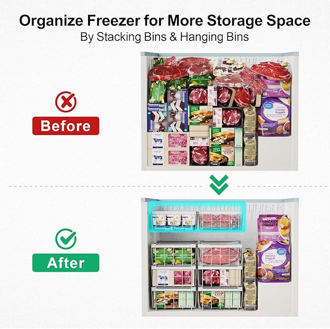 iSPECLE Freezer Organizer Bins for 10 to 20 Cu.Ft, 2 Pack Expandable Hanging Baskets Fit 17.5"-22.6" Width, Metal Wire Storage Racks for Deep Freeze, Not for Upright, White