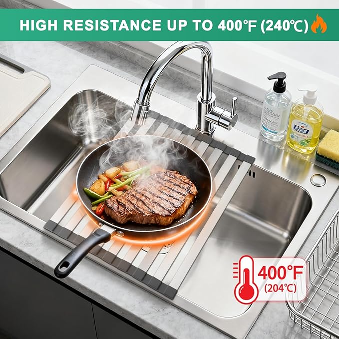 16.5" X 13" Roll Up Dish Drying Rack，Over The Sink Drying Rack 304 Stainless Steel Foldable Heat-Resistant Dishes Drainer for Kitchen and RV Sink Counter