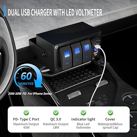 Joinfworld 3 Gang Marine Rocker Switch Panel 12V Rocker Switch Box SPST ON/Off with Dual USB Outlet PD Type C & QC 3.0 Car USB Port and LED Voltmeter for Boat Marine Automotive Car Truck RV UTV