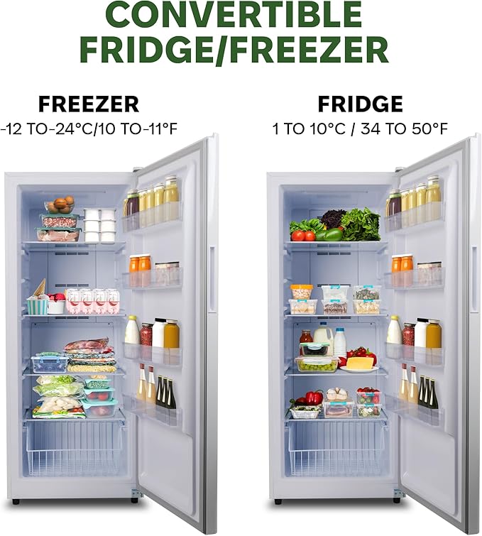 Hamilton Beach 17 cu ft Upright CONVERTIBLE Fridge/Freezer-Frost Free-Reversible Door-Removable Glass Shelves-LED Interior Light- Electronic Temperature Control, Energy Efficient, White, 17 cu. ft.