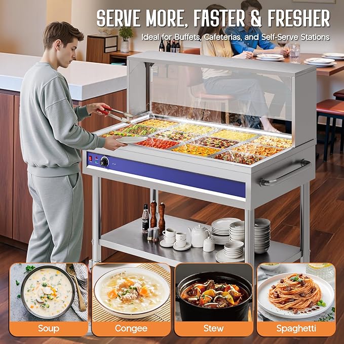 Jocisland 12-Pan 96QT Commercial Food Warmer, 1500W Stainless Steel Steam Table with Top Shelf, Lids, Food Tongs, Undershelf, Wheels, 110V Temp Control for Catering