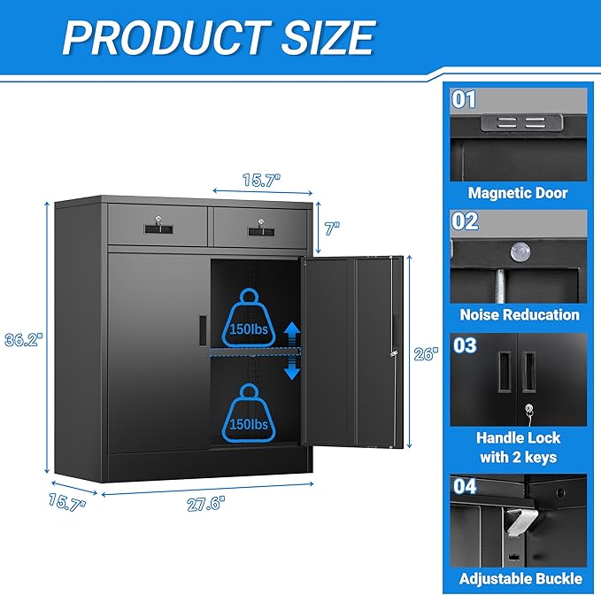 BESFUR Metal Storage Cabinet with Doors and Shelves, 36" H Locking Storage Cabinet with 2 Drawers, Black Metal Cabinets for Garage, Office, Home