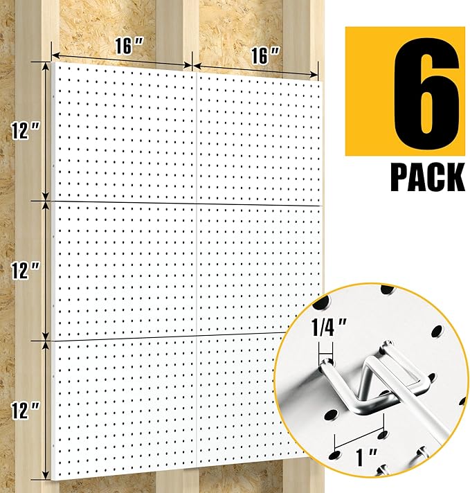 Peg Board, 6 Pack Metal Pegboard Panels White Pegboards Wall Organizer with 50 Hooks, Heavy Duty Peg Board for Walls Home, Garage Tool Storage, Office Organization, Craft Room, Kitchen