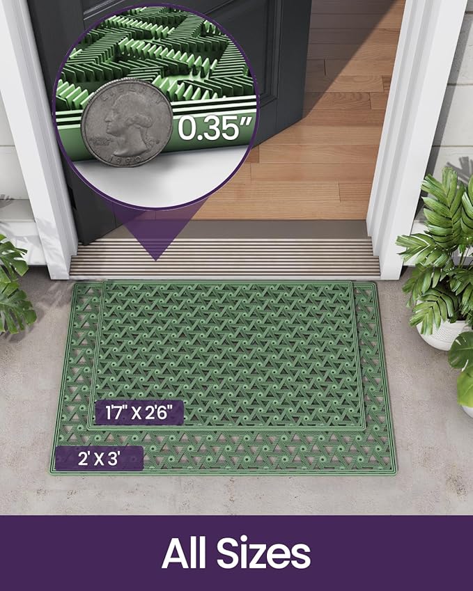 DEXI Front Door Mat Outside Entrance Rubber 24x36, Welcome Floor Doormat Heavy Duty Non Slip, Dirt Trapper Waterproof Exterior Entry Mats All Weather for Patio Entryway Drainage, Green