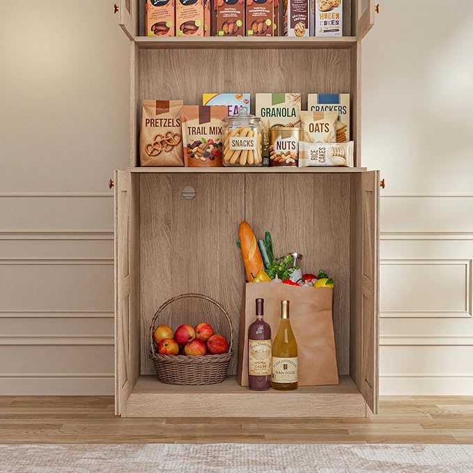 Vyre 71" Farmhouse Kitchen Pantry Cabinet, Brown Freestanding Coffee Bar Hutch with Glass Doors & Adjustable Shelves, Large Storage Cabinet with Microwave Stand for Living Room & Kitchen