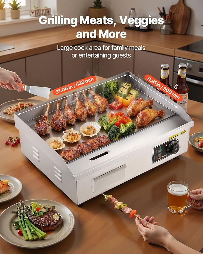 VEVOR Commercial Electric Griddle, 21.06 x 11.81 inch, 3200W, 122-570°F Adjustable Temp Control, Stainless Steel Body, Full Flat, with 2 Spatulas, 2 Brushes, and 4 Foot Pads, for Steak, Pancake